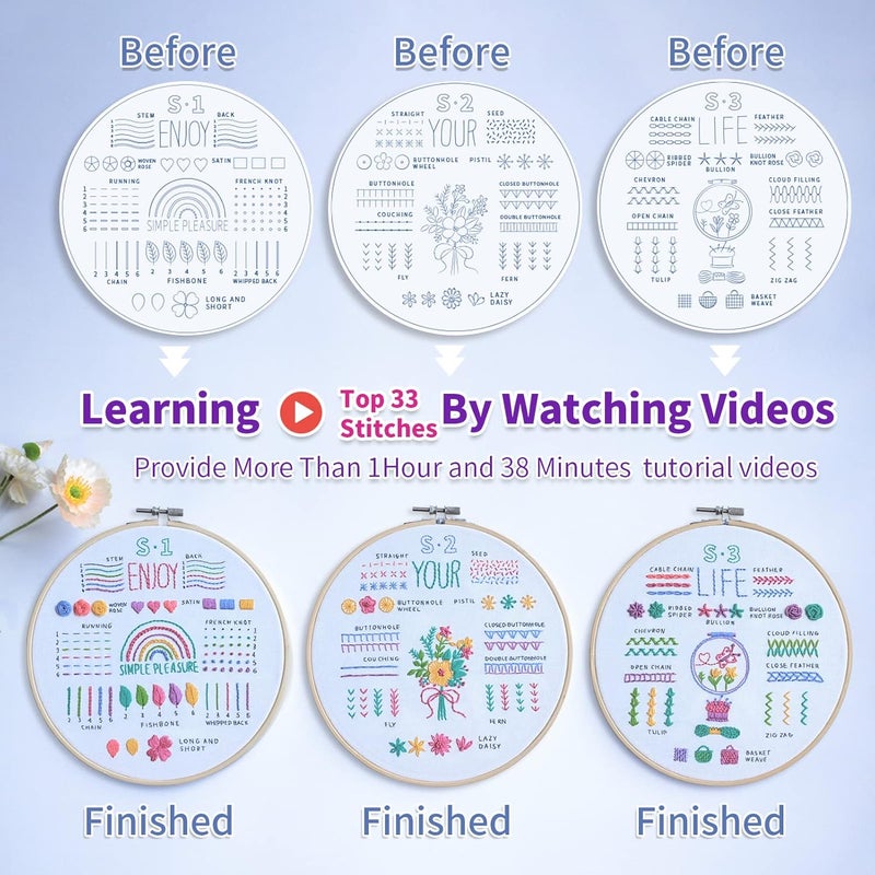 ETSPIL 3 Pack Embroidery Kit for Beginners and Adults,Learn 33 Stitches with DIY Stamped Flower Patterns – Includes Hoop, Color Threads, Tools, and Step-by-Step Instructions with Video Tutorials - Image 4